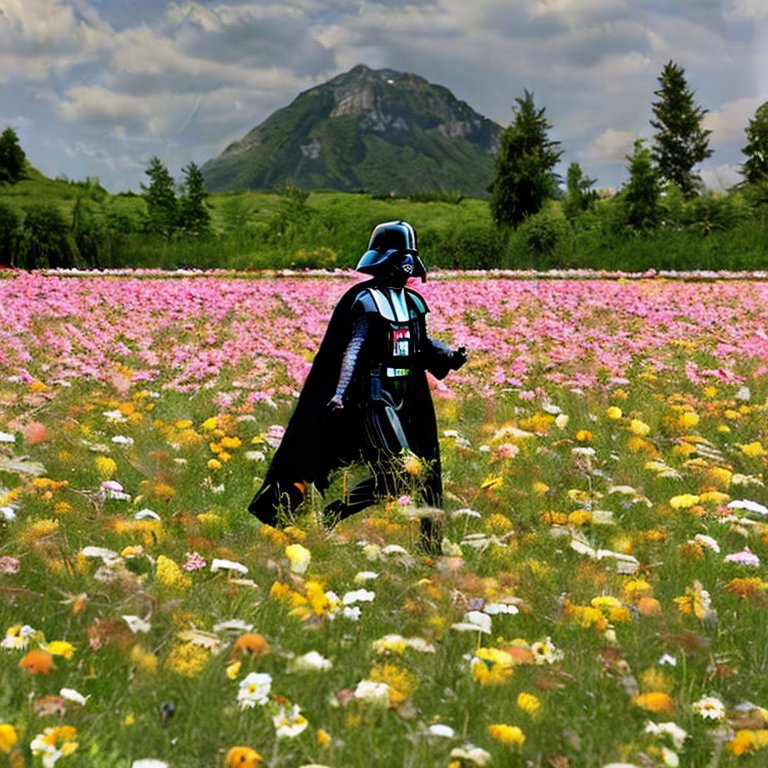 Darth Vader running through a field of flowers